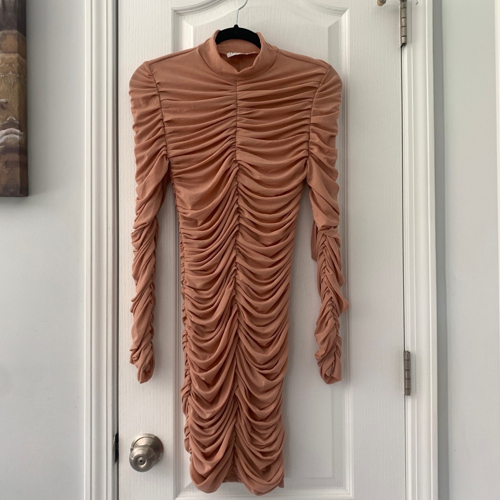 House of CB London Ruched Mesh Mini Dress Tan Nude Mock Neck‎ Long Sleeve XS